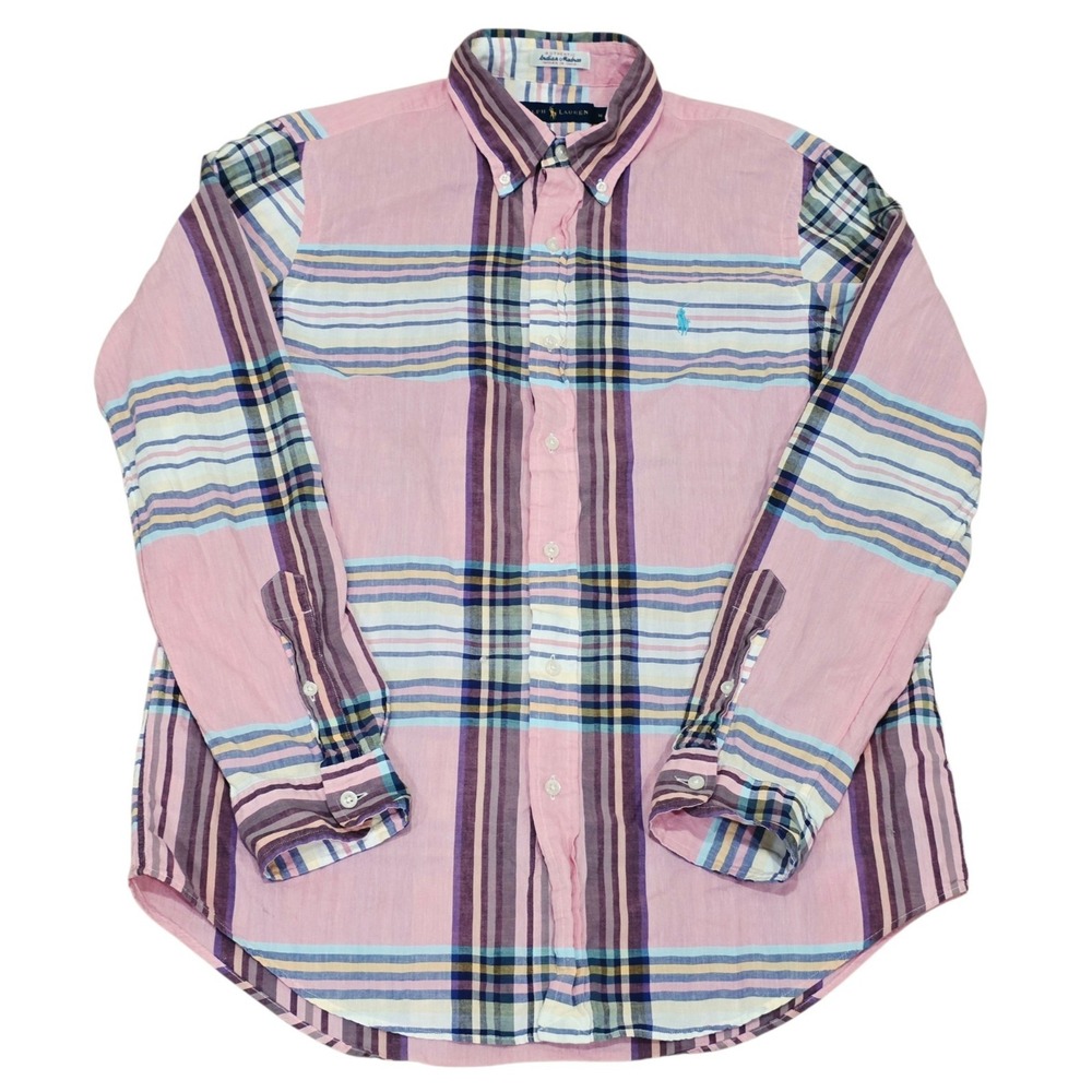 Ralph Lauren Authentic Indian Madras Shirt Mens M Pink Plaid Button Down Pony